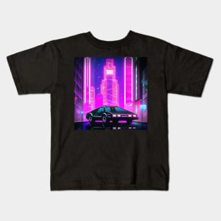 Retrofuturistic cyberpunk car and a skyscraper Kids T-Shirt